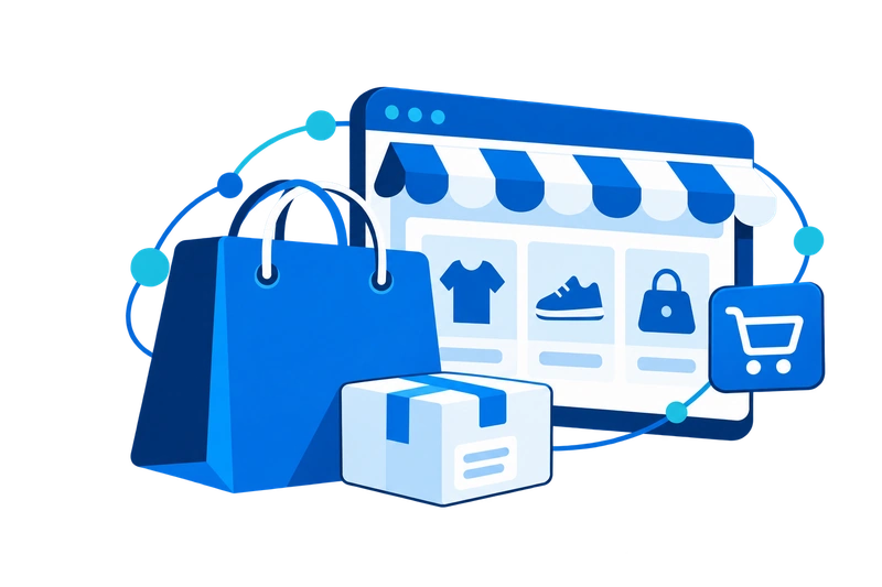 買い物袋と店舗のひさしを備えたWebサイトのイラスト